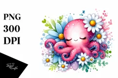 Cute Baby Octopus Sleeping Flower Watercolor Clipart Product Image 1