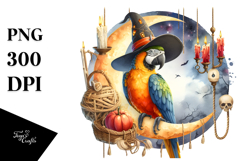 Watercolor Macaw Dressed for Halloween Sitting on Moon PNG Product Image 1