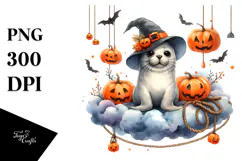 Watercolor Seal Dressed for Halloween Sitting on Cloud PNG Product Image 1