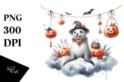 Watercolor Seal Dressed for Halloween Sitting on Cloud PNG Product Image 1