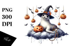 Watercolor Seal Dressed for Halloween Sitting on Cloud PNG Product Image 1