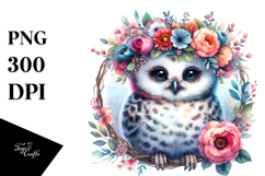 Vibrant Baby Owl Floral Wreath Clipart Product Image 1