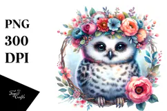 Vibrant Baby Owl Floral Wreath Clipart Product Image 1