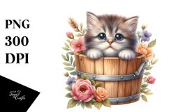 Cute Baby Cat with Wooden Bucket PNG Product Image 1