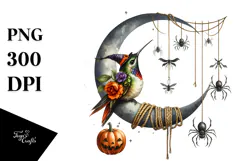 Watercolor Hummingbird Dressed for Halloween Sitting on Moon Product Image 1