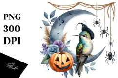 Watercolor Hummingbird Dressed for Halloween Sitting on Moon Product Image 1