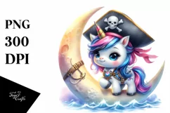 Cute Baby Unicorn Pirate on Moon | Sublimation | Clipart Product Image 1