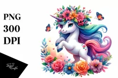 Cute Unicorn Dancing Floral Wreath PNG Product Image 1