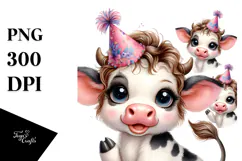 Cute Baby Cow with Party Hat PNG Product Image 1
