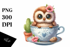 Funny Baby Owl in Teacup | Sublimation Clipart Product Image 1