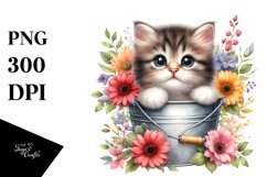 Cute Baby Cat with Wooden Bucket PNG Product Image 1
