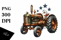Vintage Rusty Tractor with Stars Watercolor Clipart Product Image 1