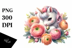 Cute Baby Unicorn with Ranunculus | Sublimation | Clipart Product Image 1