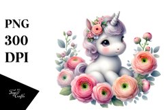 Cute Baby Unicorn with Ranunculus | Sublimation | Clipart Product Image 3