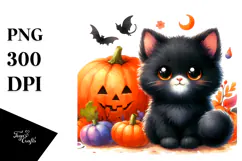 Cute Baby Black Cat with Pumpkin | Clipart Product Image 1