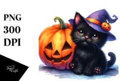 Black Cat Pumpkin Watercolor Clipart Product Image 1