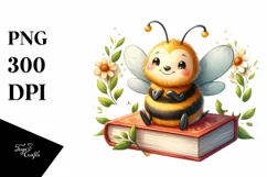 Watercolor Funny Bee on a Book | Clipart Product Image 1