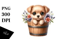 Cute Baby Dog with Wooden Bucket PNG Product Image 1