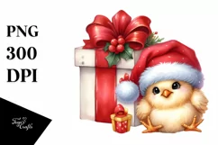 Funny Chicken in Santa Hat Behind Gift Box PNG Product Image 3
