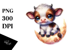 Cute Highland Cow on Moon PNG Product Image 1