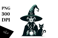 Retro Evil Witch with Cat Watercolor PNG Product Image 1
