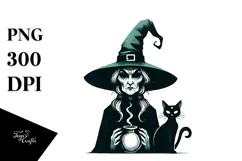 Retro Evil Witch with Cat Watercolor PNG Product Image 1