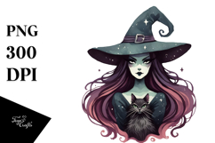Retro Evil Witch with Cat Watercolor PNG Product Image 1