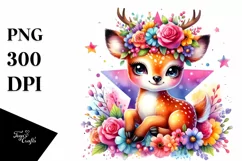 Watercolor Vibrant Deer with Flower Crown, Transparent PNG Product Image 1