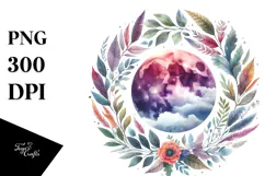 Vibrant Boho Moon with Foliage Watercolor Clipart Product Image 1