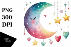 Simple Watercolor Half Moon with Blood and Hearts PNG Product Image 1