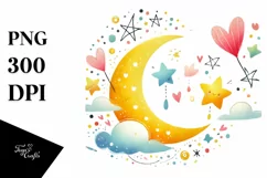 Simple Watercolor Half Moon with Blood and Hearts PNG Product Image 1