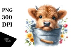 Cute Baby Highland Cow with Wooden Bucket PNG Product Image 3