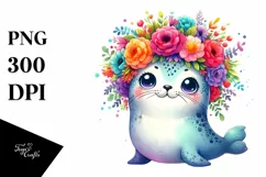 Cute Cartoon Style Watercolor Seal | Clipart Product Image 1