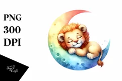 Cute Baby Lion Sleeping Moon Watercolor Product Image 1