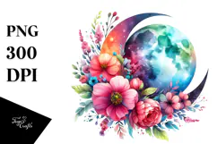 Vibrant Half Moon Drawing with Flowers PNG Product Image 1