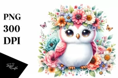 Cute Cartoon Owl Watercolor with Flower Crown Product Image 1