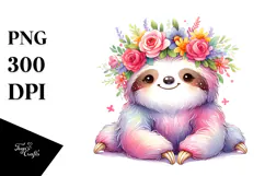 Cartoon-Style Sloth with Flower Crown PNG Product Image 1