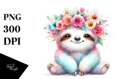 Cartoon-Style Sloth with Flower Crown PNG Product Image 1