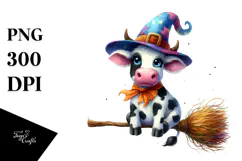 Colorful Wimsical Cow on Witch Broom Watercolor Product Image 1