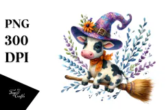 Colorful Wimsical Cow on Witch Broom Watercolor Product Image 1
