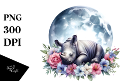 Vibrant Baby Rhino on Moon with Flowers Clipart Product Image 1