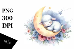 lColorful Cute Baby Lamb on Moon Watercolor Product Image 3