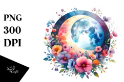 Vibrant Wimsical Moon with Flowers Watercolor Product Image 1