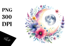 Vibrant Wimsical Moon with Flowers Watercolor Product Image 1