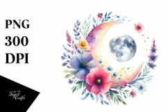 Vibrant Wimsical Moon with Flowers Watercolor Product Image 1