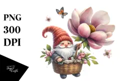 Cute Small Gnome with Large Magnolia PNG Product Image 1
