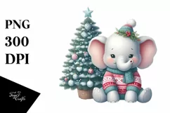 Baby Elephant by Christmas Tree PNG Product Image 3