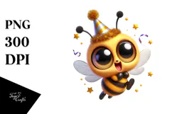 Silly Cartoon Bee with Party Hat, PNG Product Image 1