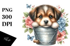 Cute Baby Dog in Bucket with Flowers PNG Product Image 1
