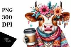 Funny Cow Holding Cup of Coffee | Boho Clipart Product Image 1